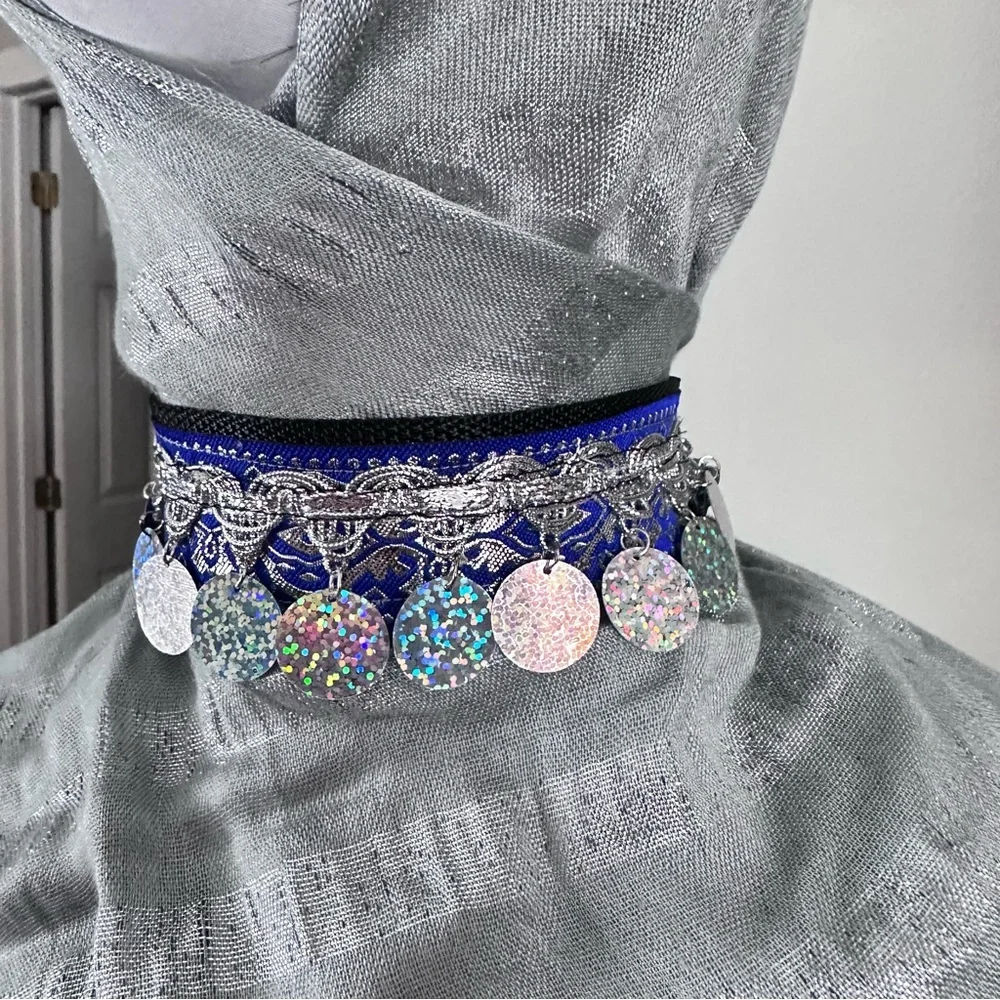 Festival Choker Necklace Handmade Navy + Silver Iridescent Sequin Coins Signed - Picture 8 of 15